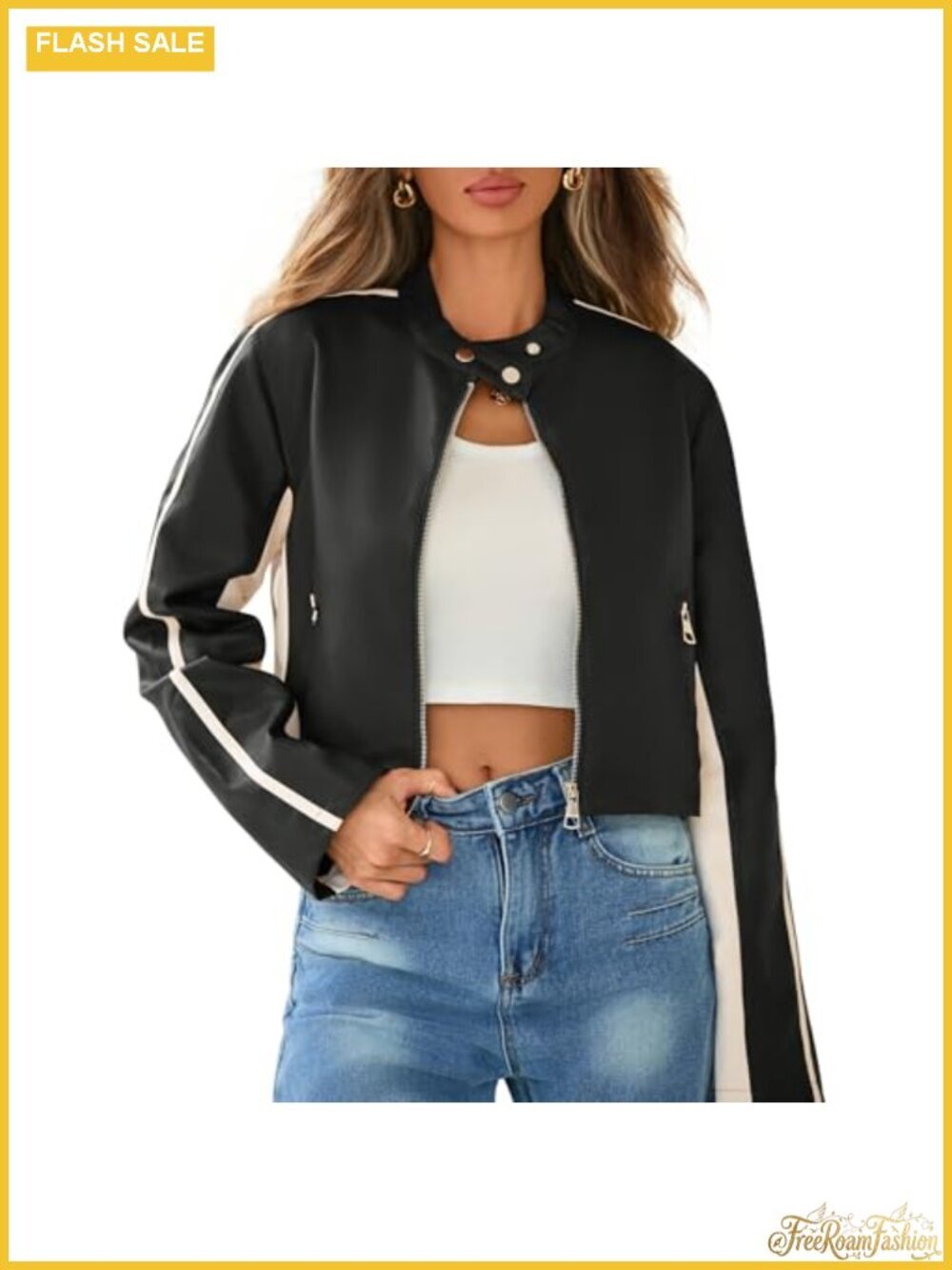 Faux Leather Cropped Moto Biker Jacket Zip Slim Fit